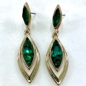 Gold-Tone Drop Earrings with Emerald Marquise Stones - Women Jewelry
